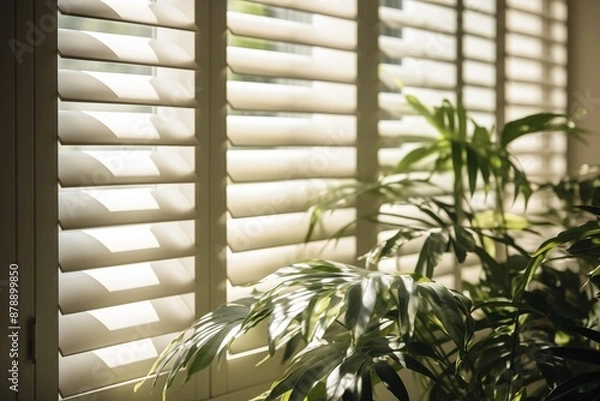 Fototapeta A window with closed blinds and a potted plant on the windowsill.