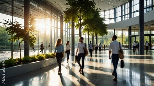 Fototapeta Blurred background of people walking in a modern office building with green trees and sunlight , eco friendly and ecological responsible business concept