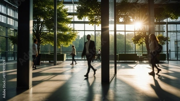 Fototapeta Blurred background of people walking in a modern office building with green trees and sunlight , eco friendly and ecological responsible business concept