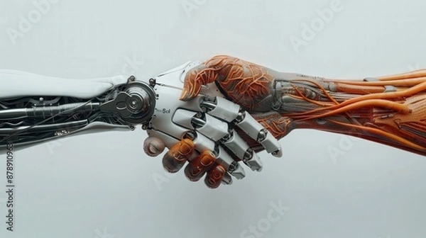 Fototapeta Human robotic arm shaking hands, symbolizing interaction between technology and biological life. Futuristic collaboration concept.