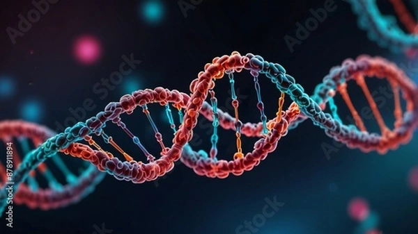 Fototapeta Checkup and research DNA gene biotechnology biology or genetic cells, futuristic chromosome molecule and DNA structure
