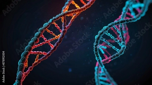Fototapeta Checkup and research DNA gene biotechnology biology or genetic cells, futuristic chromosome molecule and DNA structure
