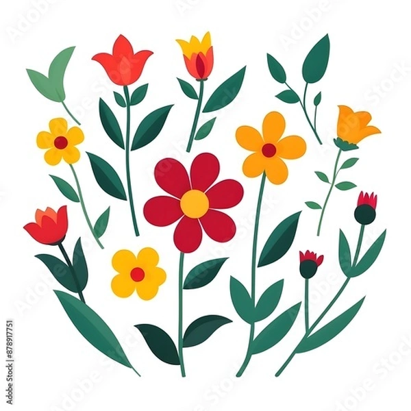 Obraz Colorful Floral Collection: A vibrant and cheerful collection of flat-style flower illustrations, featuring tulips, daisies, and other blooms in a variety of red, yellow, and orange hues