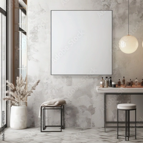 Obraz Modern apartment with square blank canvas mockup in a framed display on the wall, ideal for highlighting creative work