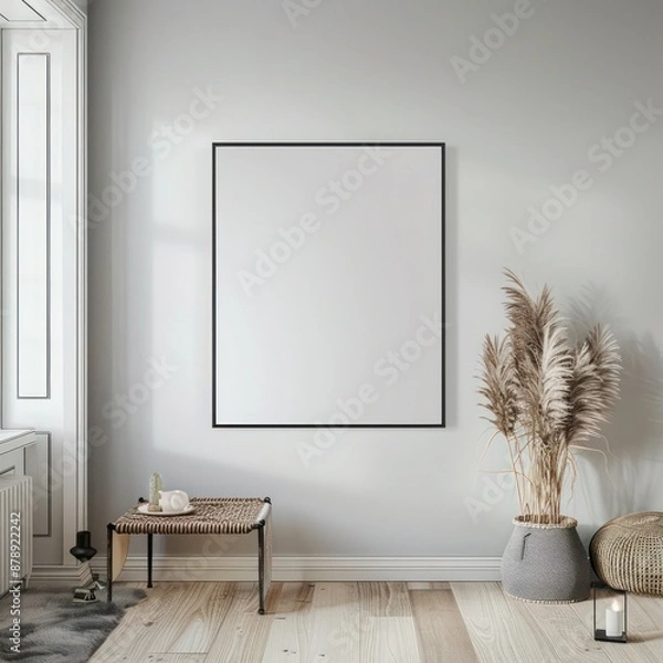 Fototapeta Square blank canvas mockup in a modern apartment, framed and mounted on the wall, perfect for showcasing artwork or designs