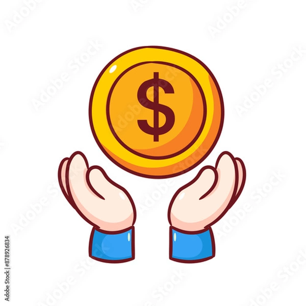Fototapeta Open Hands Receive Gold Coin Money Cartoon Vector.  Saving And Investment Illustration. Business And Finance Concept Design. Isolated White Background.