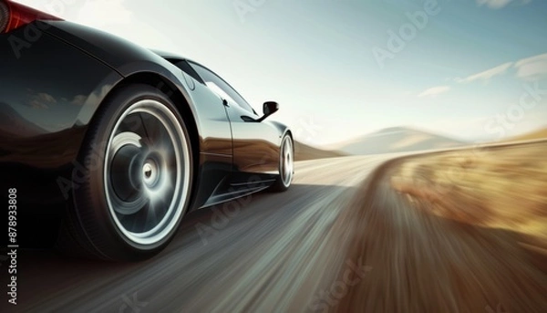 Fototapeta A sleek sports car speeding down a scenic road, emphasizing speed and luxury.