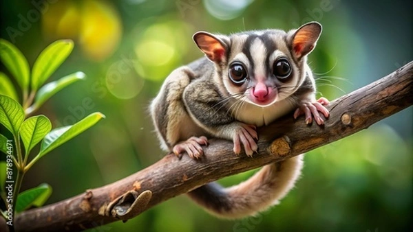 Fototapeta Full-body portrait of a sugar glider clinging to a branch