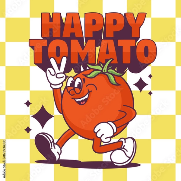 Fototapeta unny cartoon character of chili and tomato. Can be used as Sticker, posters, prints. Retro cartoon style. Vector illustration