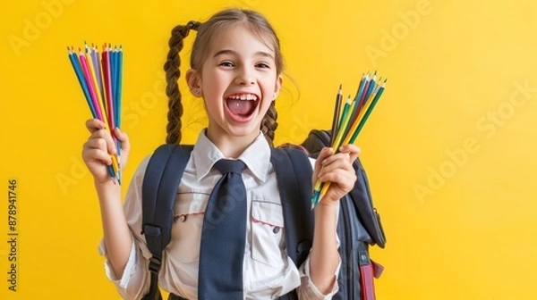 Fototapeta Cheerful schoolgirl in uniform, mouth open, holding backpack and pencils, on yellow backdrop.