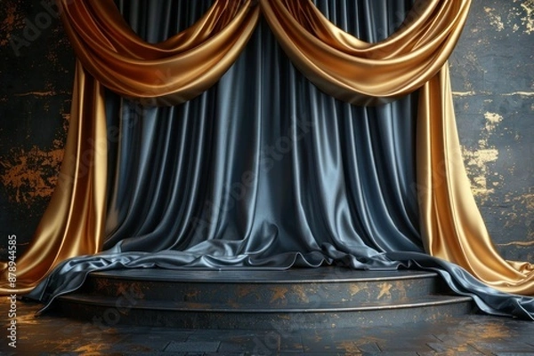 Fototapeta Golden Silk Podium Display on Abstract Black Background - Premium Luxury Stage Design with Generative AI Fabric
