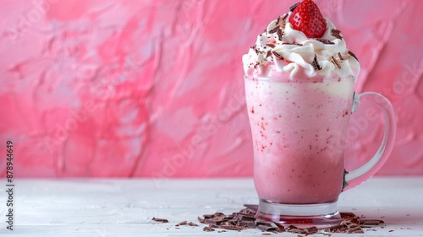 Fototapeta Strawberry smoothie or milkshake with straw in disposable plastic glass isolated on white background. strawberry smoothie, milkshake, disposable plastic glass, white background, smoothie with straw,
