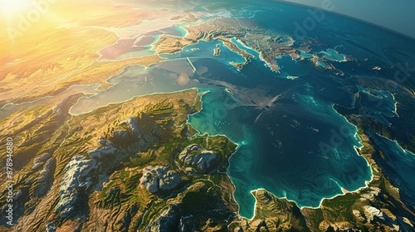 Fototapeta Physical map of Planet Earth, centered on the Mediterranean Sea. Satellite view of Southern Europe and North Africa with the sun shining on the horizon. 3D illustration.