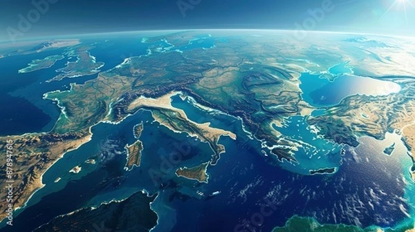 Fototapeta Physical map of Planet Earth, centered on the Mediterranean Sea. Satellite view of Southern Europe and North Africa with the sun shining on the horizon. 3D illustration.