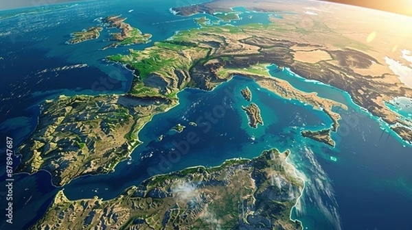 Fototapeta Physical map of Planet Earth, centered on the Mediterranean Sea. Satellite view of Southern Europe and North Africa with the sun shining on the horizon. 3D illustration.