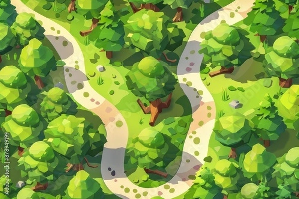 Obraz Isometric forest scene with winding paths, tall trees, and hidden wildlife