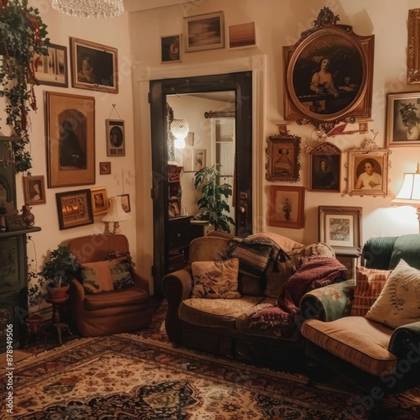 Fototapeta Vintage living room with cozy vibes, soft lighting, and framed pictures