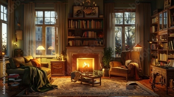 Obraz Warm living room with vintage touches, cozy vibes, and stylish lamps