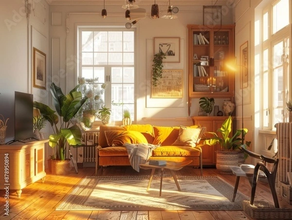 Obraz Warmlylit vintage living room with a comfy couch and stylish decor