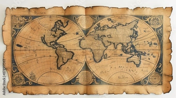 Fototapeta A hand-drawn world map on parchment paper, with artistic flourishes and calligraphy