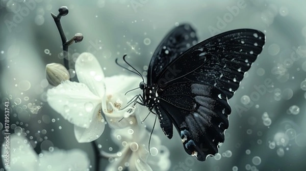 Fototapeta Elegant black butterfly resting on a white orchid in a dewy environment, capturing nature's delicate beauty.