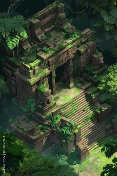 Obraz Isometric ancient temple complex hidden deep in the jungle, with intricate carvings and mysterious artifacts