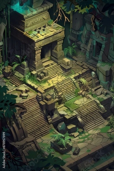 Obraz Isometric ancient temple complex hidden deep in the jungle, with intricate carvings and mysterious artifacts