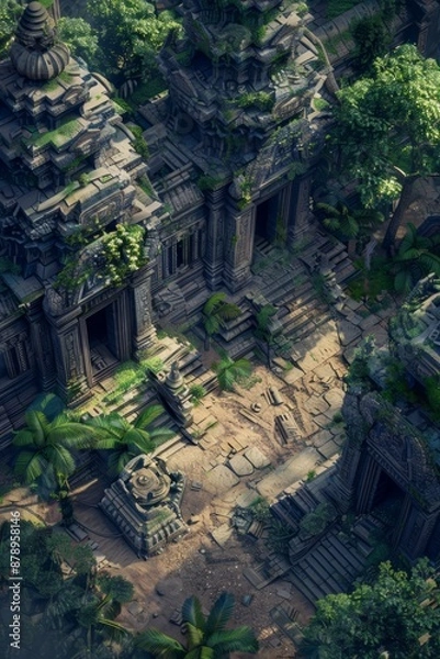 Fototapeta Isometric ancient temple complex hidden deep in the jungle, with intricate carvings and mysterious artifacts