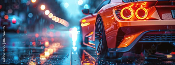 Fototapeta Blue sedan car in a high-speed turn on highway at night with city background under dark sky