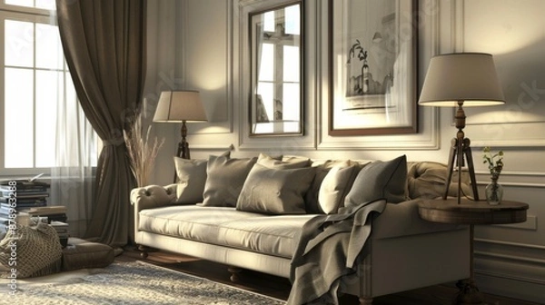 Fototapeta Vintage living room with a comfortable couch, stylish lamps, and framed artwork