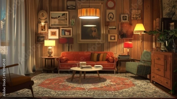 Fototapeta Warmlylit living room with vintage touches, stylish lamps, and framed artwork