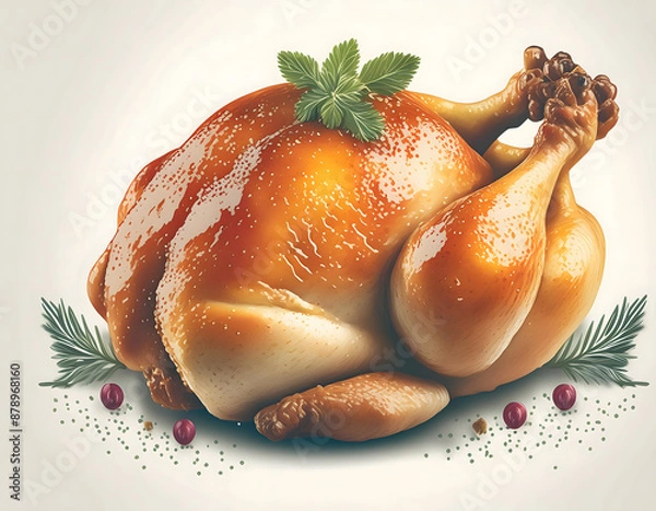 Obraz 白色背景感恩节餐盘上美味的烤火鸡