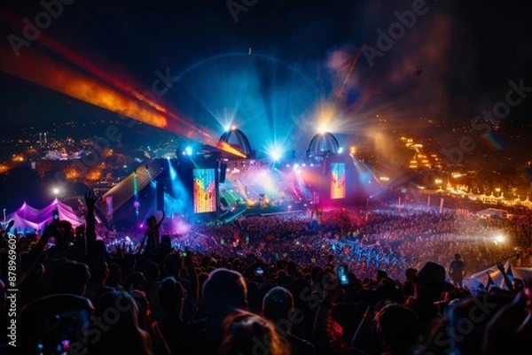 Fototapeta Concert at Night with a Massive Crowd and Stage Lights