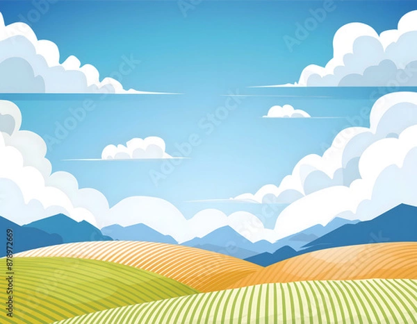 Obraz 夏日的蓝天白云草地卡通插画