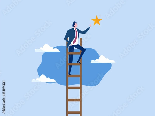 Obraz Success ladder to reach goal, achievement or opportunity, climb up ladder to get new hope, accomplishment or career development concept, businessman climb up ladder of success to reach star target.