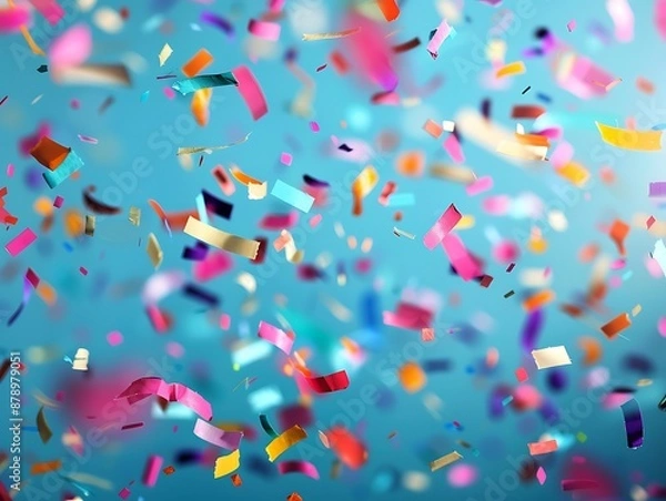 Fototapeta Colorful confetti falling on a blurred blue backdrop, creating a festive atmosphere with ample room for text.