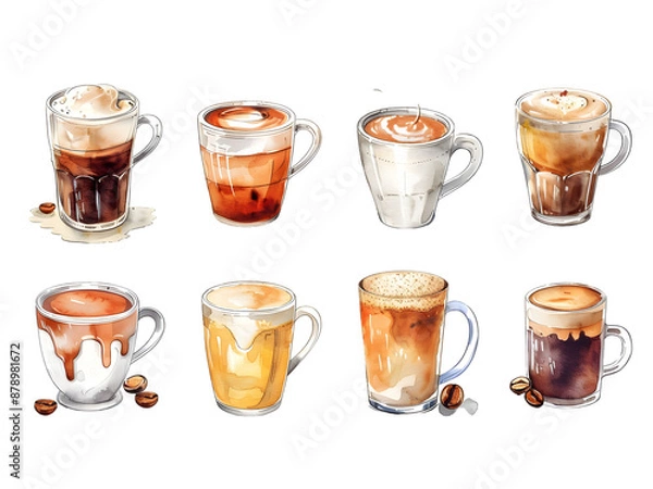 Fototapeta Four cups of coffee with different levels of foam