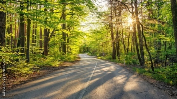 Fototapeta A road through a vibrant forest in spring, with fresh green leaves and blooming flowers, symbolizing new beginnings.