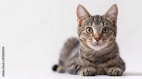 Fototapeta cat peeks out on a white background.