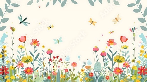 Fototapeta Background frame with blooming meadow flowers and dragonflies, flat style. Generative Ai