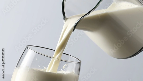 Fototapeta milk being poured into a glass from a jug. The milk should cascade smoothly, forming a graceful arc as it flows from the jug's spout into the glass