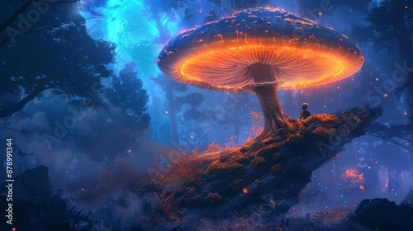 Fototapeta A figure sits atop a rock formation, looking up at a large, glowing mushroom in a dark forest