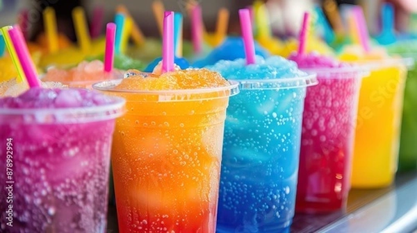 Obraz Rainbow-colored slushies in plastic cups with straws on a table, ideal for a fun outdoor party