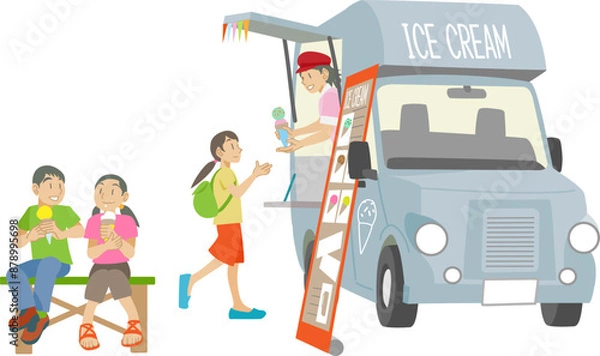 Obraz アイスクリームのキッチンカーで買い物をする子供達のイラスト