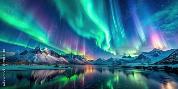 Fototapeta Vibrant aurora borealis dancing above snow-capped mountains, Northern lights, aurora, borealis, mountains, snow