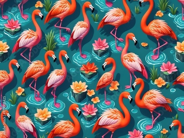 Fototapeta Generative AI. Beautiful tropical vector seamless pattern background with coconut palm trees, flamingo, hibiscus. Isolated on white background. The Summer beach surfing illustration.