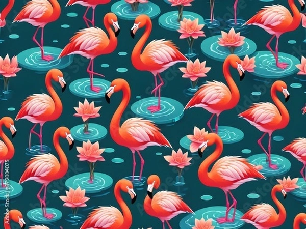 Fototapeta Generative AI. Beautiful tropical vector seamless pattern background with coconut palm trees, flamingo, hibiscus. Isolated on white background. The Summer beach surfing illustration.