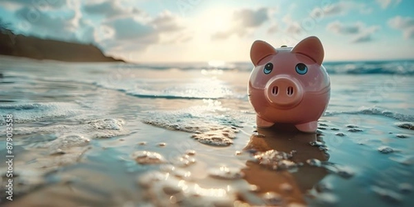 Fototapeta Piggy bank on beach symbolizing financial freedom and independence in highquality image. Concept Financial Freedom, Piggy Bank, Beach, Independence, High Quality Image