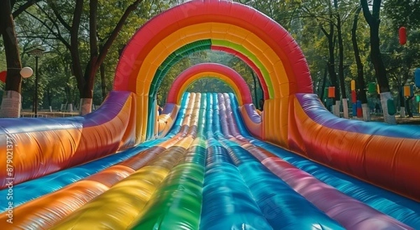 Fototapeta Inflatable rainbow slide, long and wide with multiple colors, on the right side of an archway, facing camera, wide angle shot, daytime, shot from bottom to top perspective, no people in frame