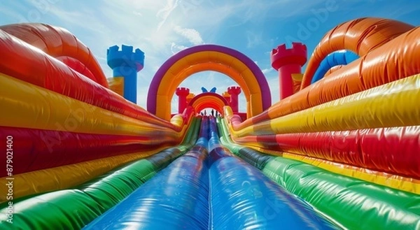 Fototapeta Inflatable rainbow slide with long tube and inflatable castle in background, top view. In between the two is an archway that has no end or entrance.